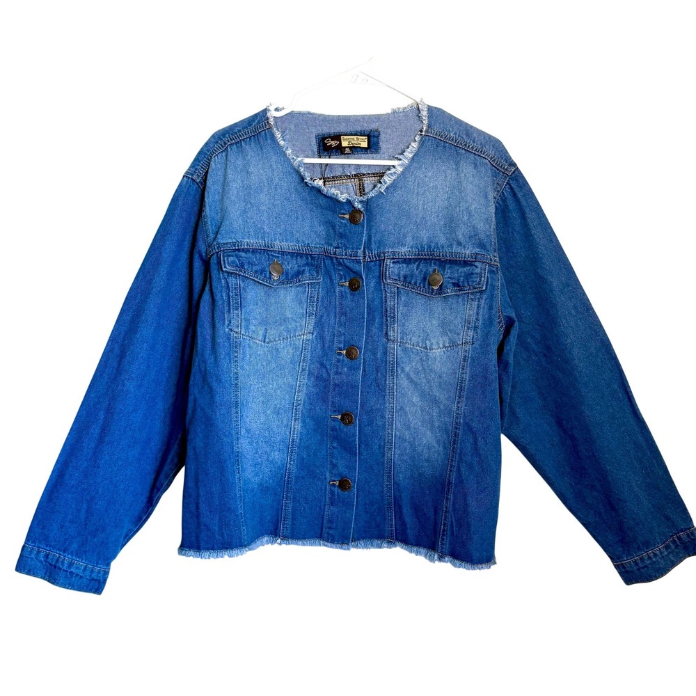Suzanne Betro Denim Jacket Womens 4X Blue Collarless Frayed Hem Cotton Buttons
